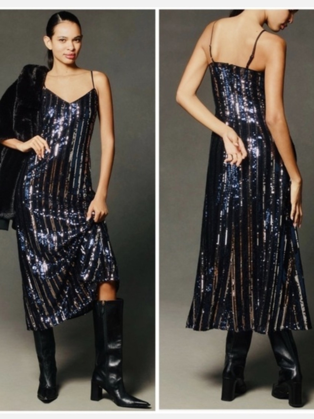 Anthropologie Navy and Silver Sequin Maxi Dress